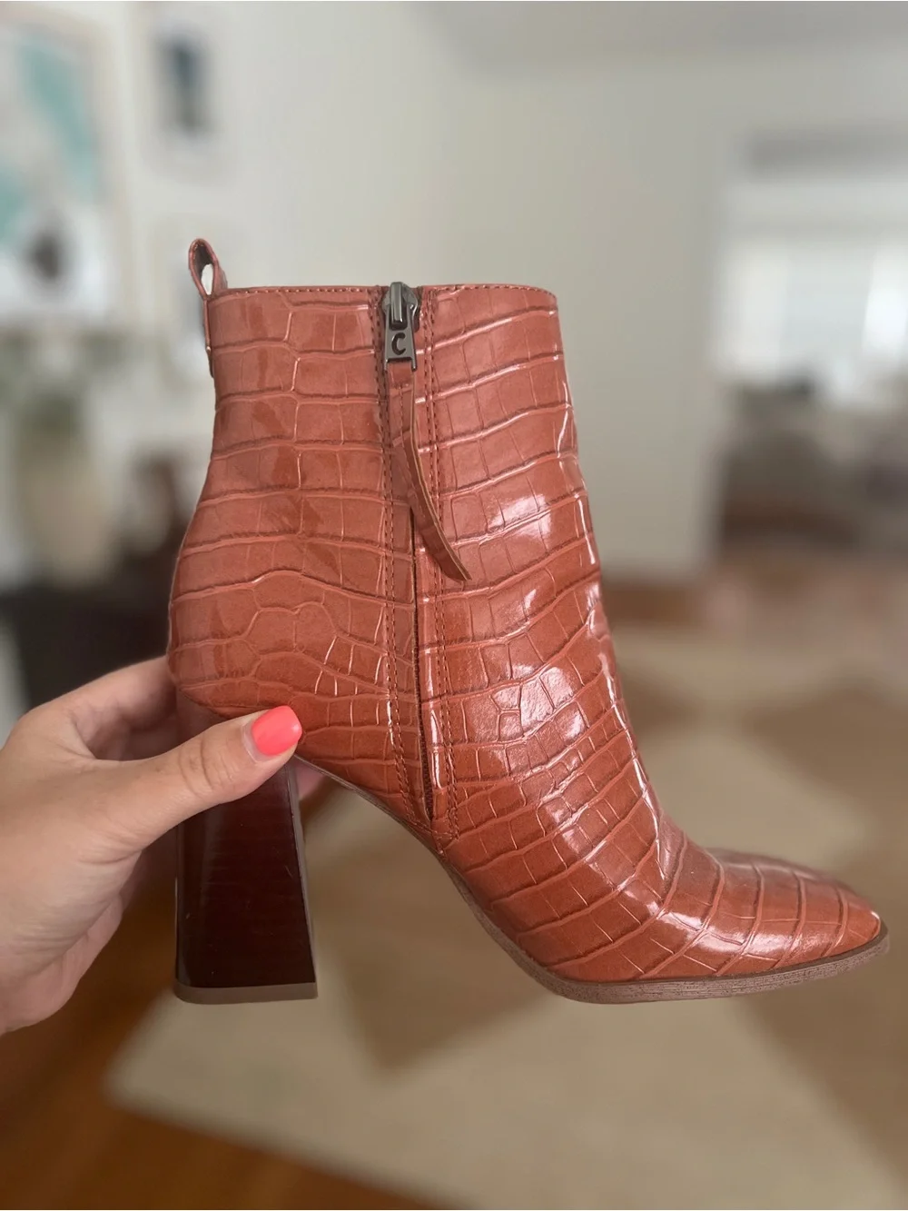 Women's Croc-Embossed Block Heel Ankle Boots - Rust